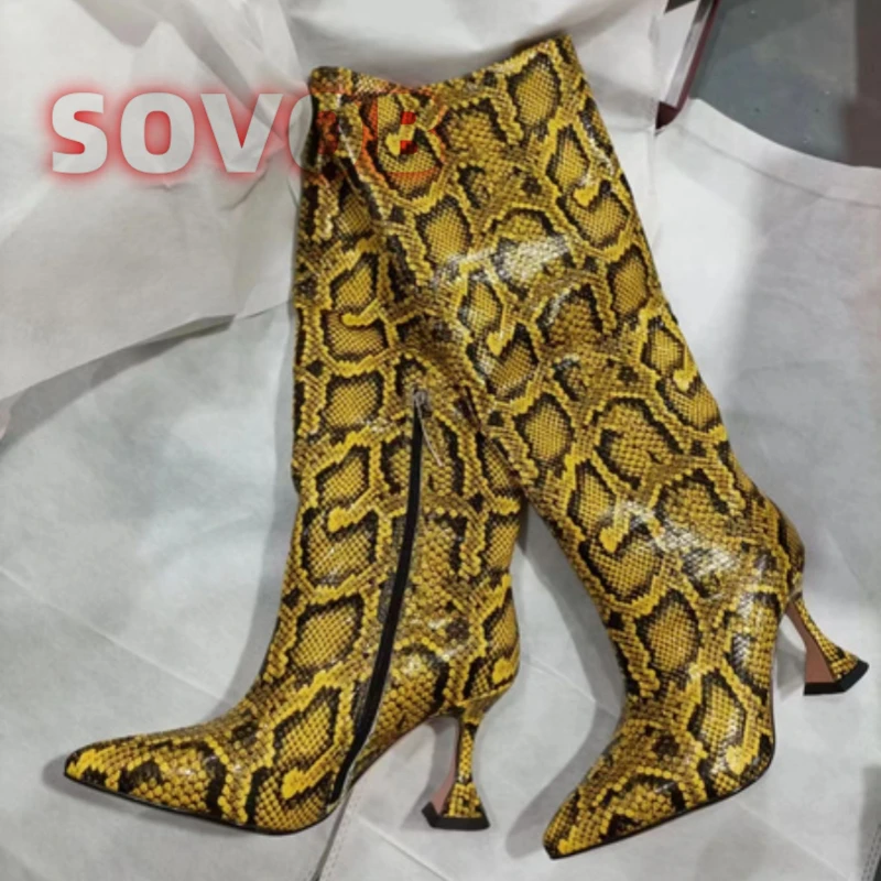 الأصفر الأفعى نمط الجانب سستة الأحذية مثير أشار تو متوهج الكعوب منتصف العجل الأحذية عارضة مكتب ربيع الخريف الأحذية النسائية