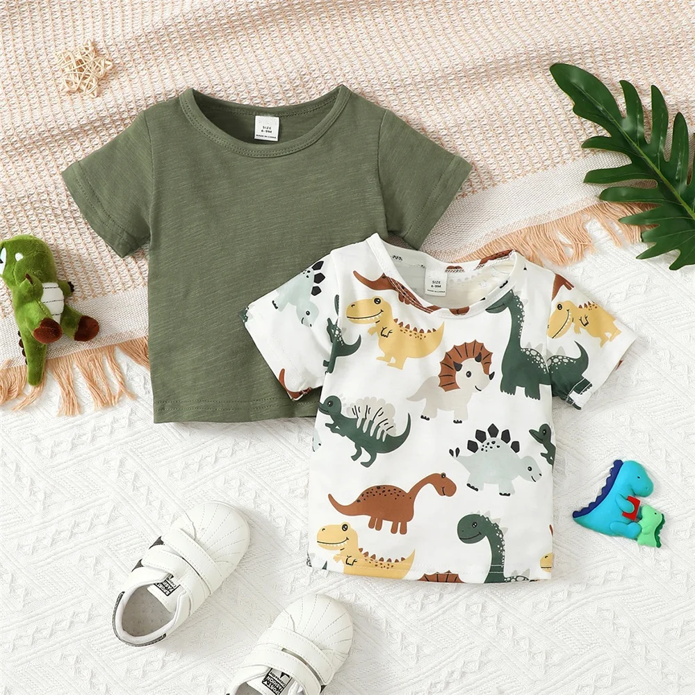 2PCS/bundle Summer Fashion Top Newborn Baby Boy Cute Dinosaur Short Sleeve Casual T-shirt Clothing for Toddler Boy 1-3Years