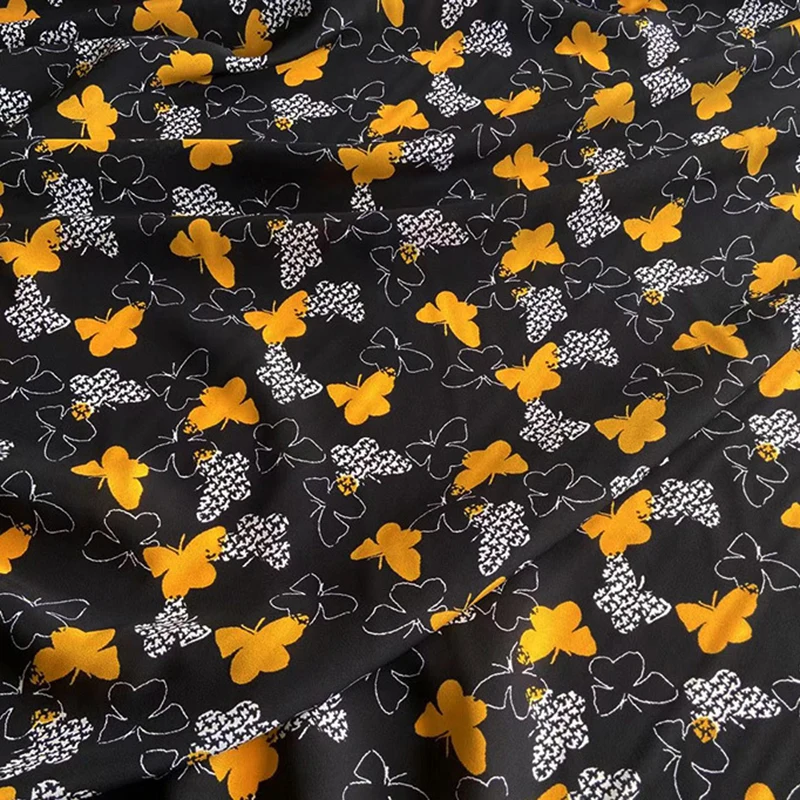 114CM Wide 16mm Yellow Butterflies Printed Black Silk Crepe de Chine Fabric for DIY Sewing Summer Pants Dress Pajamas C001-72