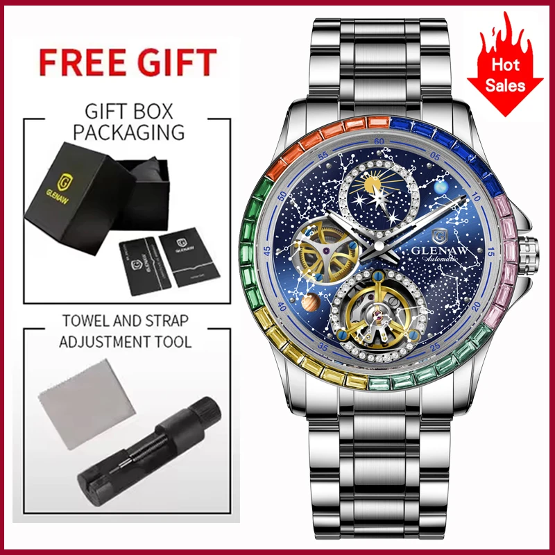 2026 GLENAW Design New Rainbow Circle Mechanical Watch Men 43MM Constellation Dial Men Watch Luminous Waterproof Automatic Watch image 3