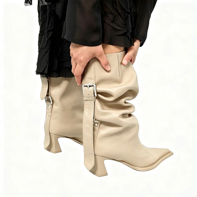 Botas altas hasta la rodilla beige con punta en pico y tacón de pico para mujer 2026, botas largas de tacón medio con correa de hebilla, botas fruncidas de caña ancha