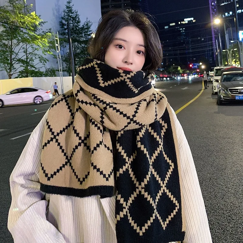 Double‑sided Knit Scarf Rhombus Plaid Women Men Couple Matching Winter Shawl Wrap Warm Student Daily Wear Neck Warmer Dating