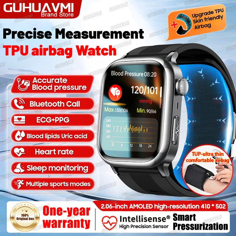 

New Accurate Blood pressure Measurement Air pump airbag Smart Watch Voice Broadcast ECG Uric acid Blood lipids Health Smartwatch
