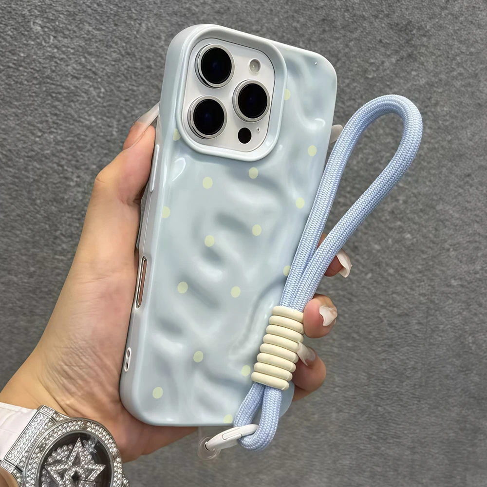Gelbe Polka-Dots-Silikon-Handyhülle mit Falten für iPhone 17 15 13 11 12 14 16 17 Pro Max 14 15 16 Plus 17Air mit Lanyard-Abdeckung – Detail 4