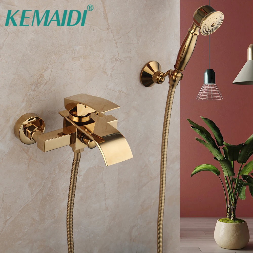 

KEMAIDI Golden Plated Bathroom Bathtub Mixer Shower Waterfall Wall Mounted Soild Brass Faucet Handle Spray Black Mixer Tap