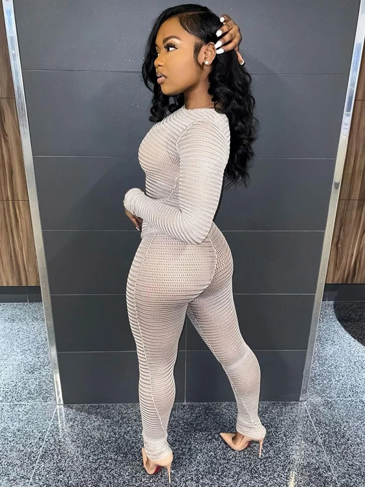 Kliou Mesh Whole See Through Two Piece Set Women Solid Striped Ruched Full Sleeve T-shirts+High Waist Pants Midnight Party Suit
