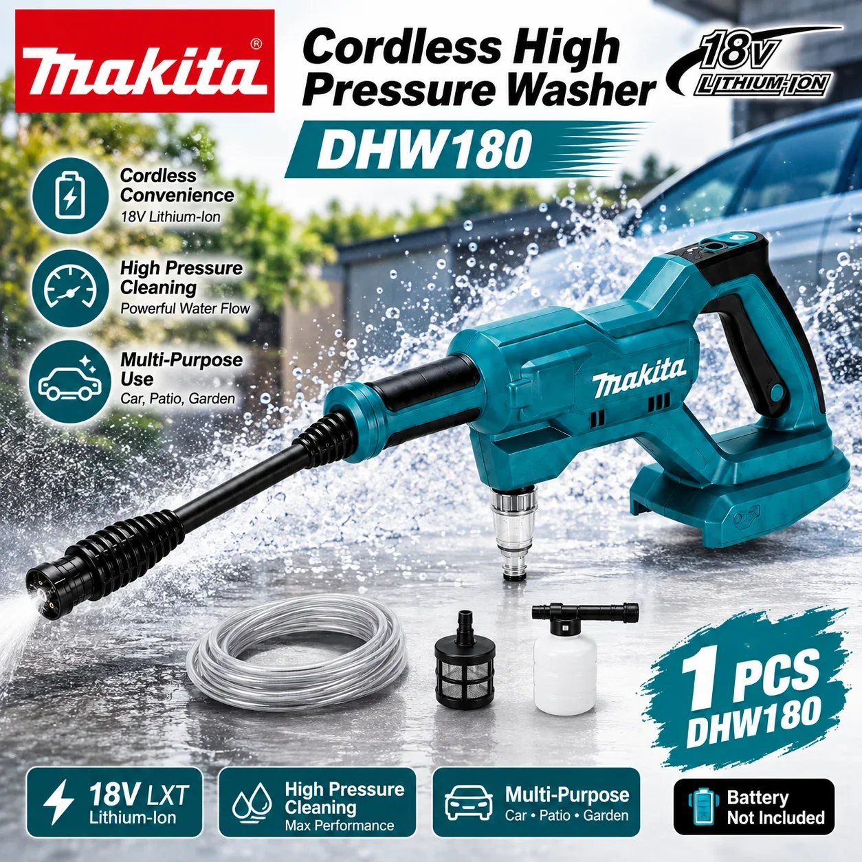 Original Makita DHW180 Tragbarer Akku-Hochdruckreiniger 18V Kabelloser Wasserstrahl-Reiniger für Autowäsche, Gartenbewässerung, Terrasse, Außenbereich, Boden- und Fensterreinigung EU Schneller Versand