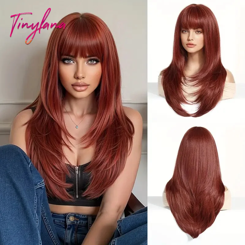 

Wine Red Brown Straight Layered Synthetic Wigs with Bangs for Women Long Burgundy Red Cosplay Wigs Natural Hair Heat Resistant