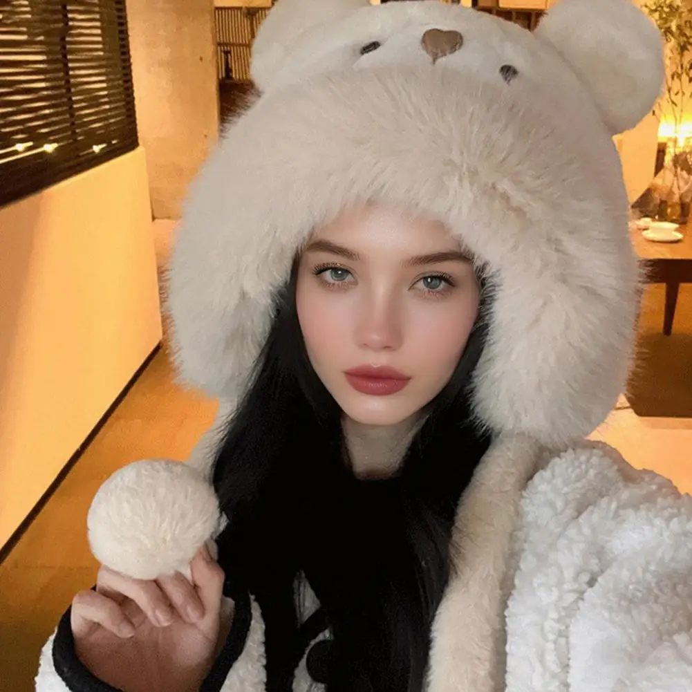 

Head Cozy Plush Bear Winter Hat with Ear Protection for Women Solid Color Lei Feng Hat for Outdoor Activities Cycling Solid