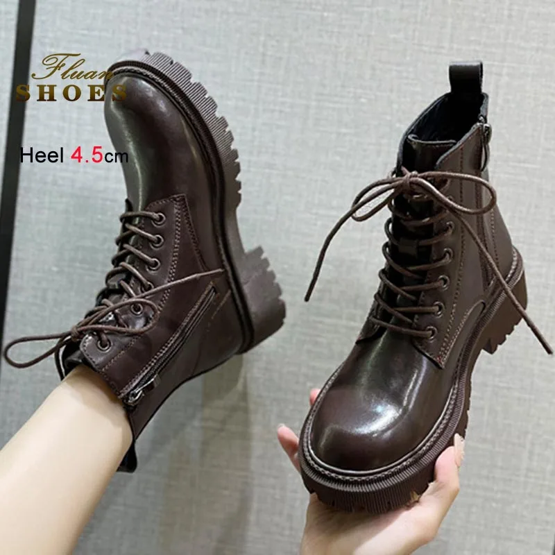 

Women Brown Genuine Leather Short Boots 4.5cm Thick Soled Lace Up Side Zipper Ankle Boots Winter Fashion Non-slipping Sole Shoes