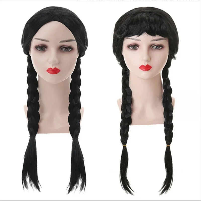 Kids Black Double Braid Flat Bangs for Girls Wednesday Role-playing Synthetic Wig Suitable for Parties Girl Wednesday Cosplay