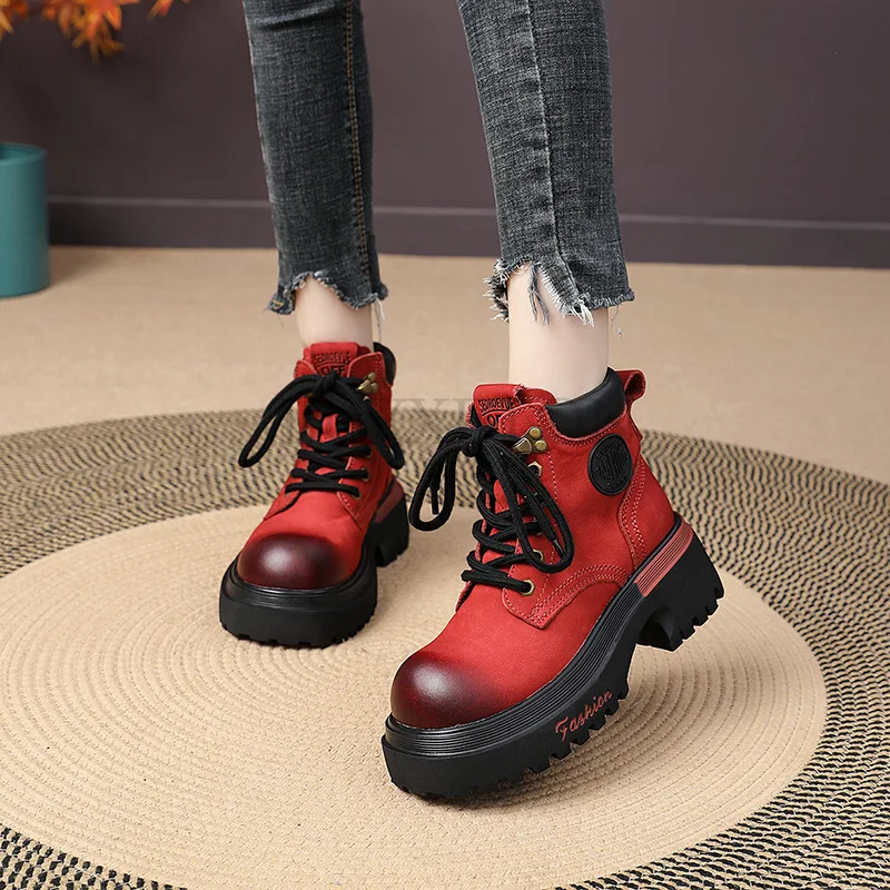 Genuine Leather Slope Heel Women Thick Soled Round Toe Motorcycle Boots Medium Tube Boots Fashionable Versatile Women Shoes