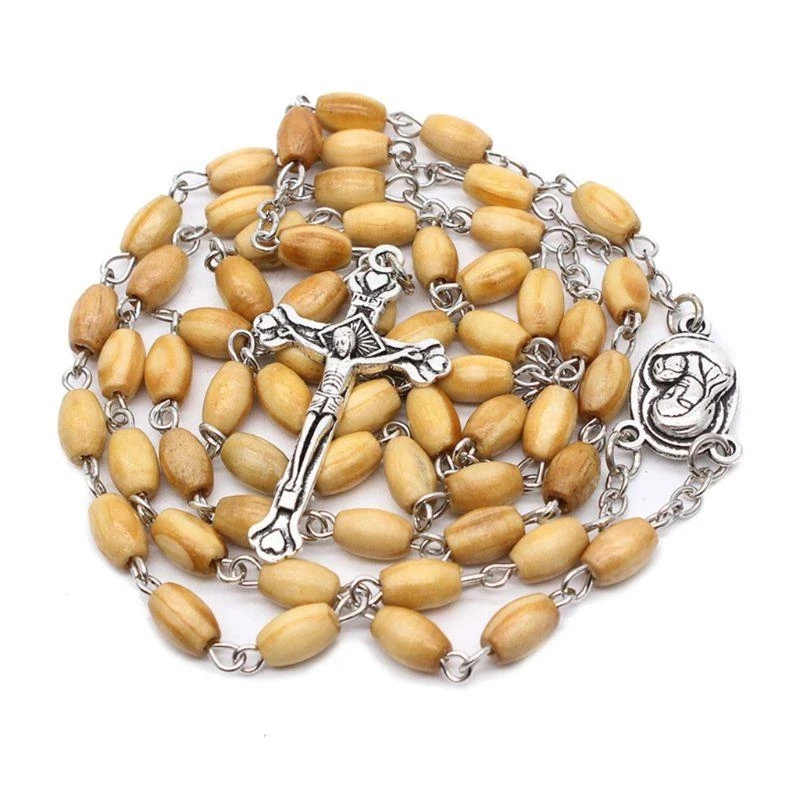 

652F Handmade Round Bead Catholic Rosary for Cross Religious Wood Beads Necklace Gift
