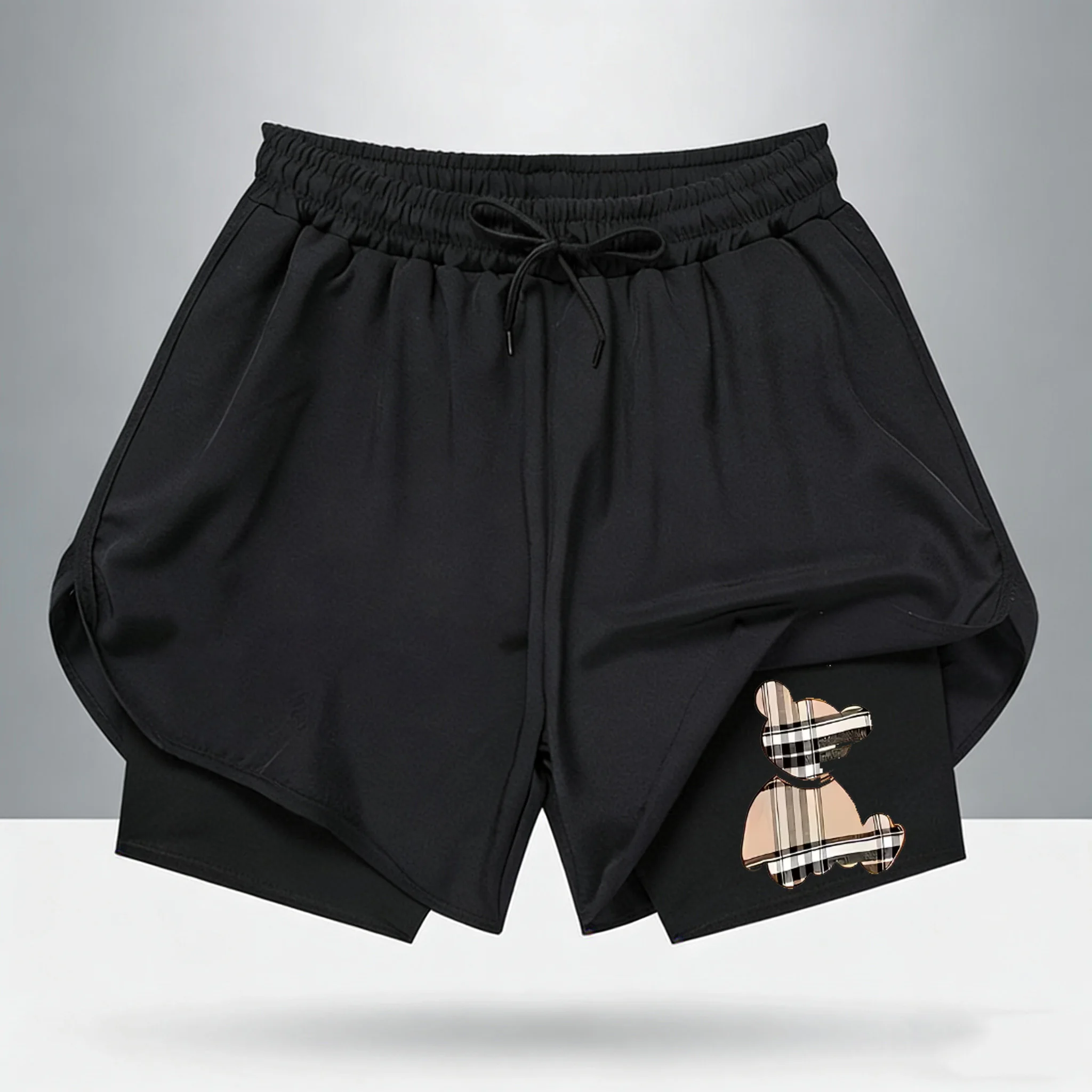 

2026 New Men 2 in 1 Sports Shorts Cartoon Teddy Bear Print Quick Dry Gym Fitness Running Shorts Double Layer Breathable Shorts