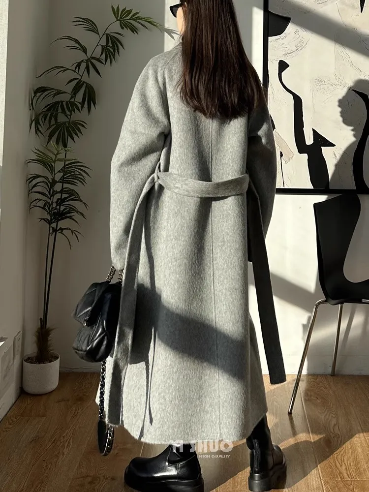 Korean High-end Gray Double-sided Wool Cashmere Long Coat Suit Collar Lace Up Woolen Overcoat For Women Winter Autumn