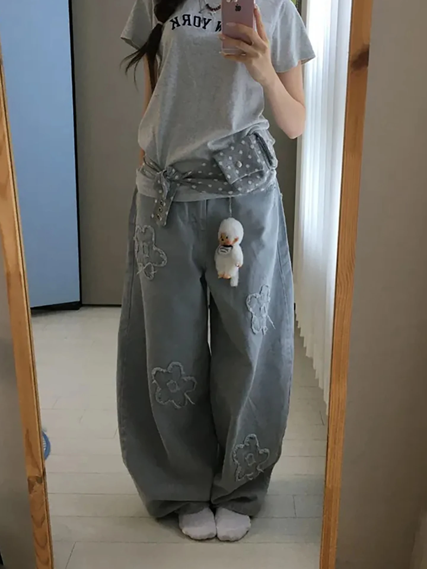 

Unique Dongda Gate Design Wide Leg Jeans Women's High Waist Retro Waed Embroidered Silhouette Denim Pants Casual Cotton