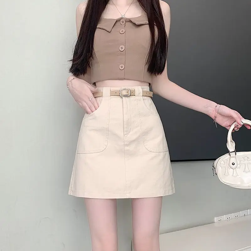 Women's Two Piece Set Sleeveless Button Front Crop Top And High Waist A Line Mini Skirt With Belt