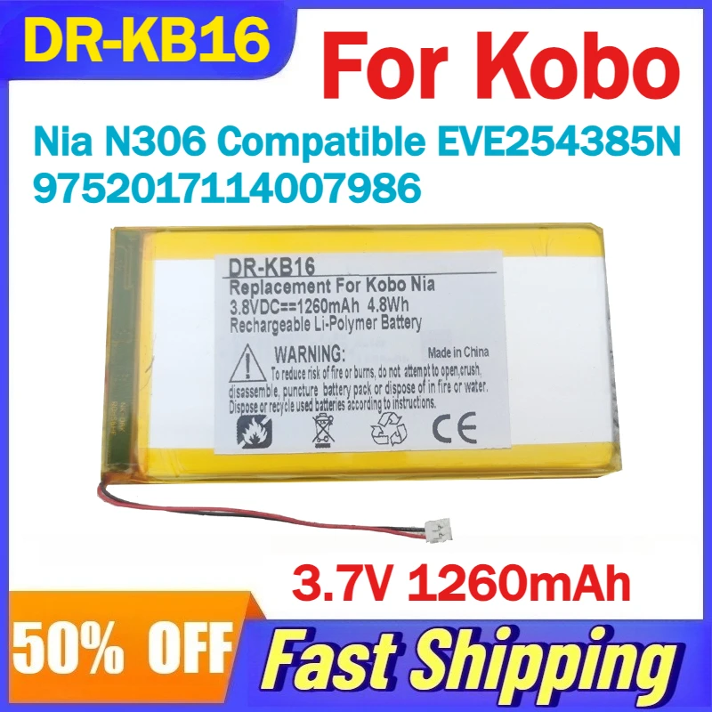 

3.7V 1500mAh Li-Polymer DR-KB16 Battery For Kobo Nia N306 E-reader Compatible EVE254385N 9752017114007986 Rechargeable Batteries
