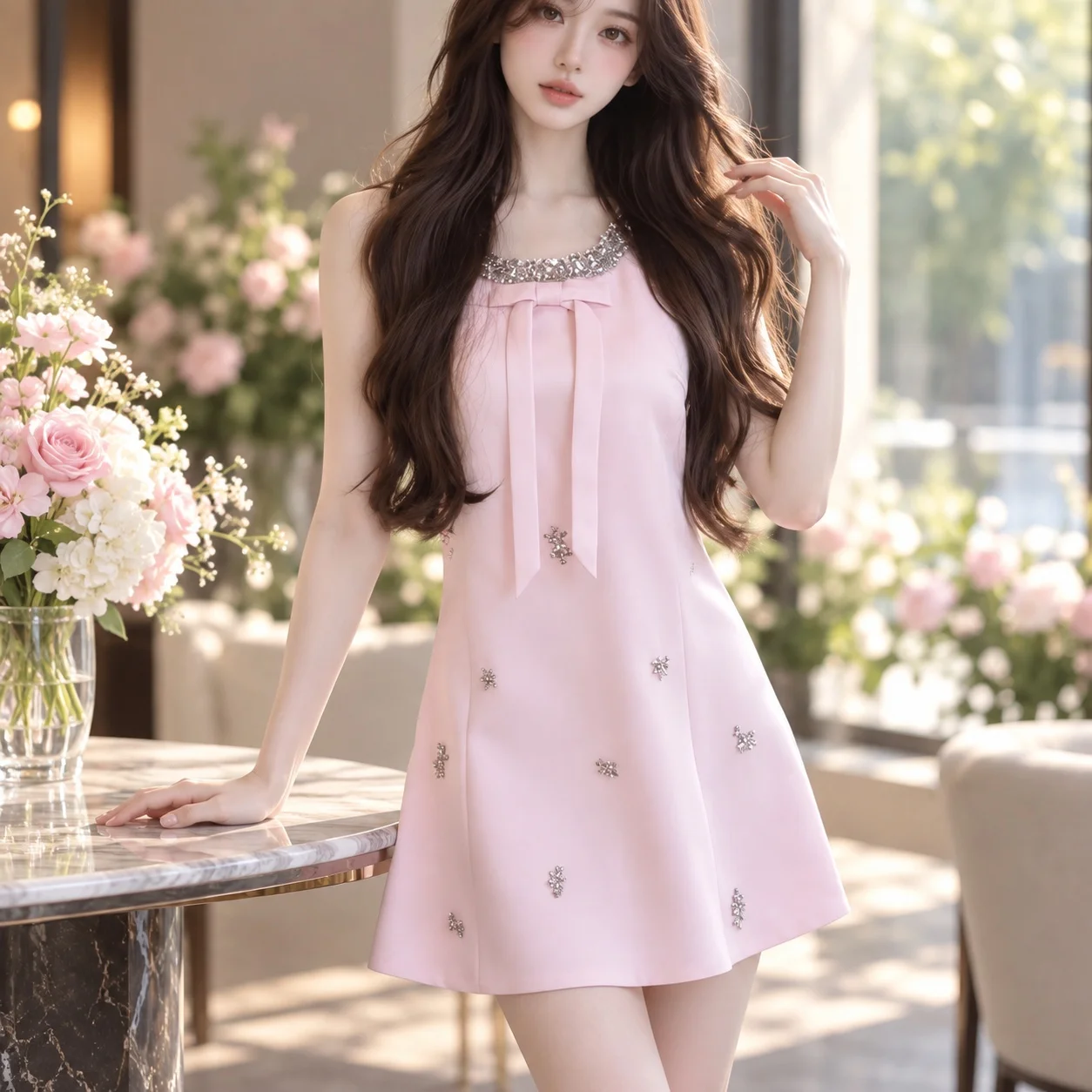 Bow Sleeveless Dress with Mid Waist Private Celebrity Style Sweet and Fresh Slim Fit Beaded a Line Dress Summer for Women