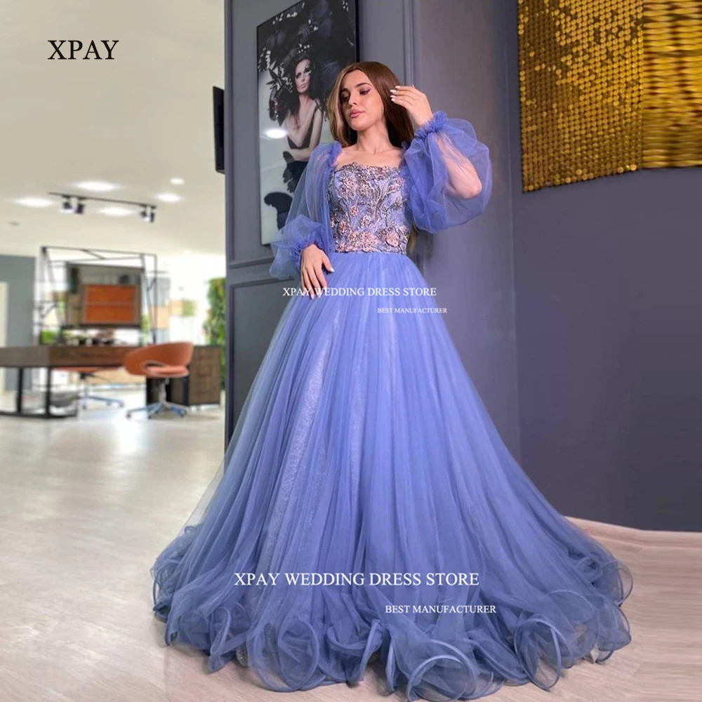 

XPA A Line Square Collar Prom Party Dresses Long Puff Sleeves Appliques Floor Length Rim Hemline Prom Gowns Cocktail Party Dress