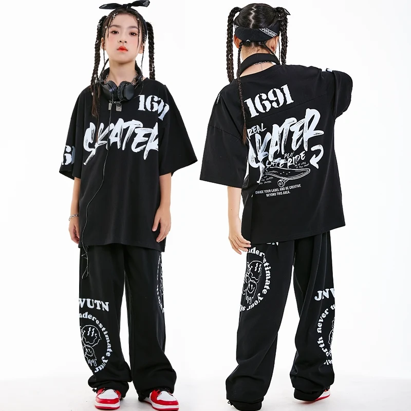 

Hiphop Street Dance Jazz Dance Boys Girls Streetwear Sports Black Top Cargo Pants Children Practice Suit Stage Costumes DN20463