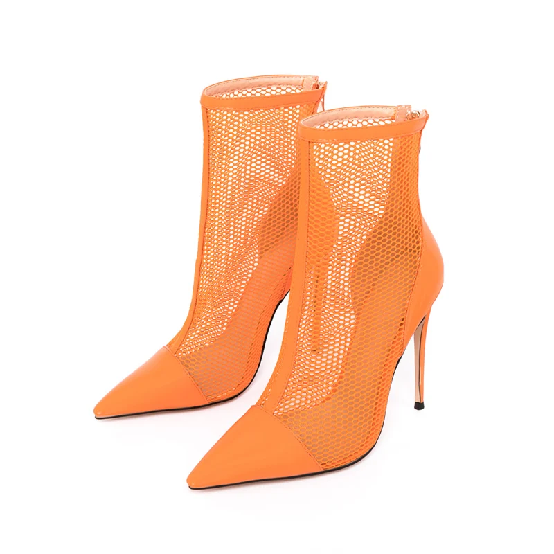 Summer Fishnet Mesh Patchwork Ankle Boots Orange White Pointed Toe Thin High Heels Woman Black Lace Mesh Short Boots Woman