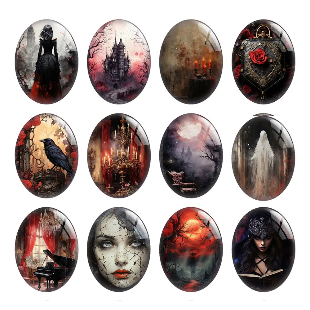 10pcs/lot Halloween Gothic Horror Ghost Red Dark Style Raven Oval Photo Glass Cabochon Flatback Demo Cameo Diy Jewelry Making