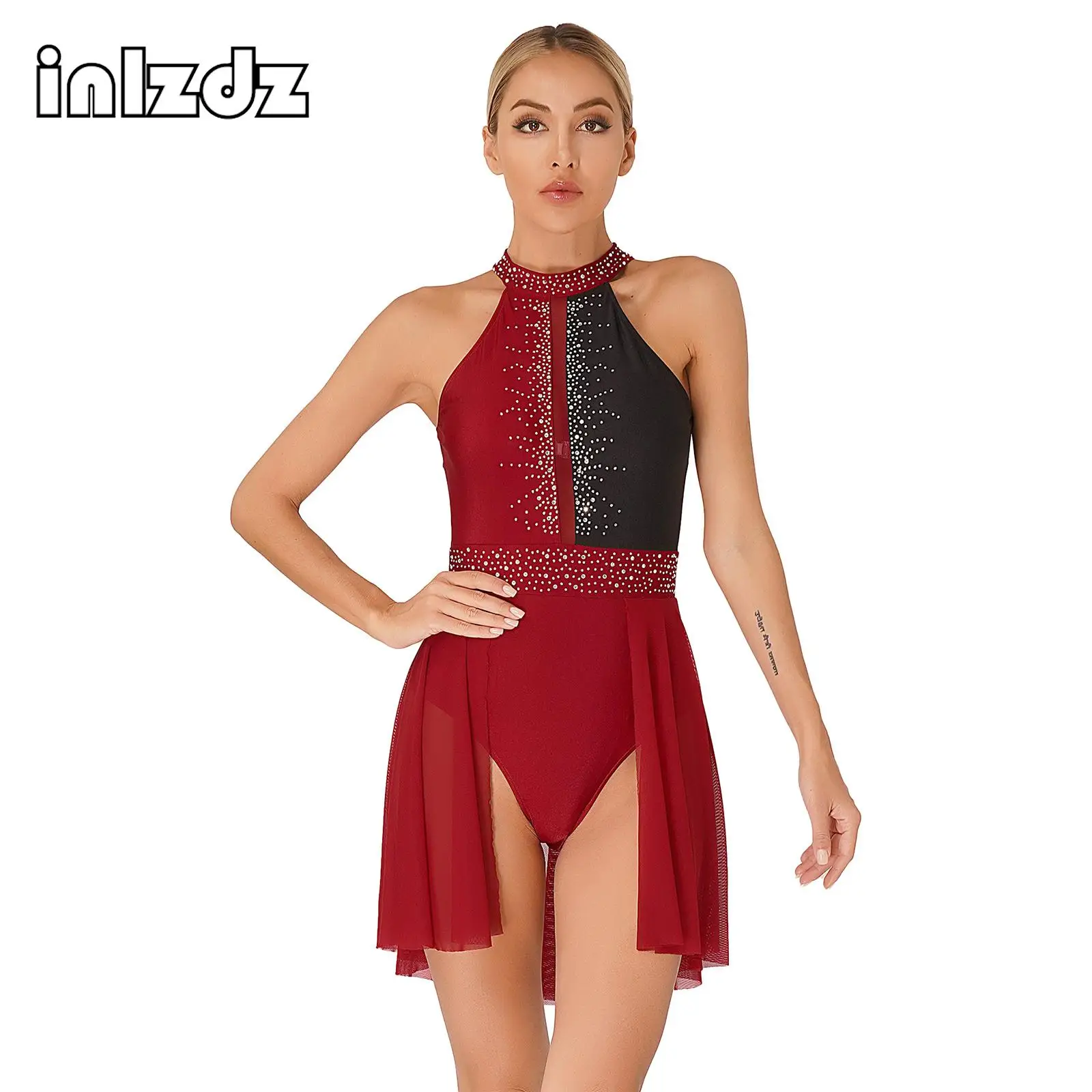 

Womens Shiny Rhinestone Lyrical Dance Dress Contrast Color Backless Sleeveless Leotard Dress Figure Skating Performance Costume