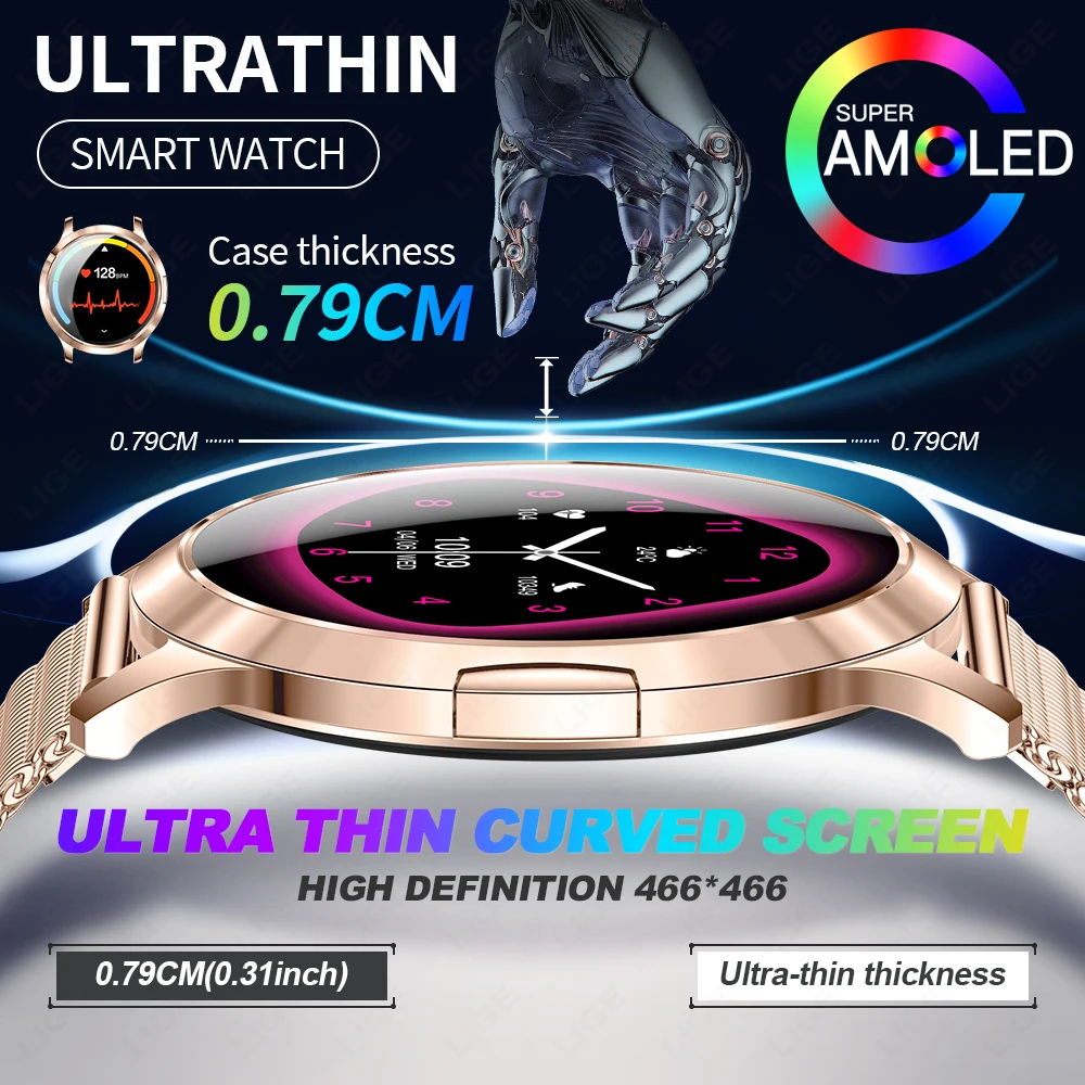 

Умные часы LIGE 1.32" AMOLED для женщин, ультратонкие, модные, с функцией звонков по Bluetooth, измерением пульса и отслеживанием менструального цикла.
