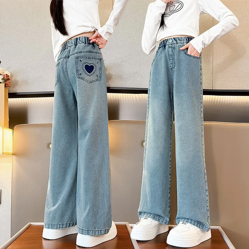 Girls School Wide Leg Pants with Pocket Heart Design Casual Loose 2025 Kids Fashion Long Jeans Children Korean Style Trousers