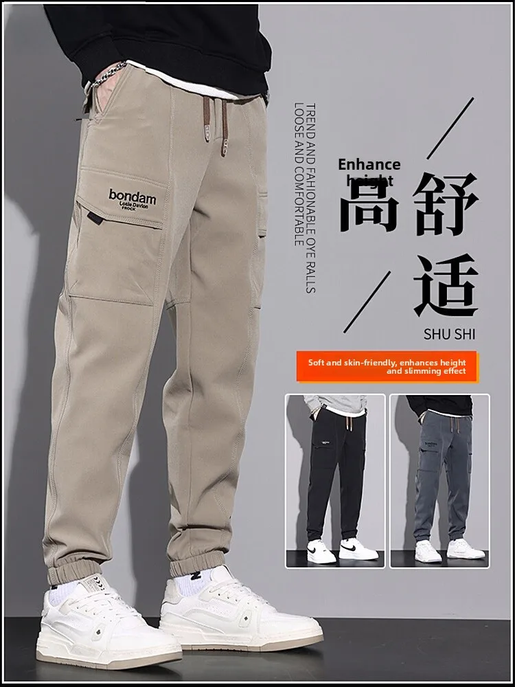 

Мужские брюки-карго цвета хаки, весенне-осенние, свободного кроя, с манжетами, в американском стиле, из полиэстера и нейлона с эластаном, модный бренд