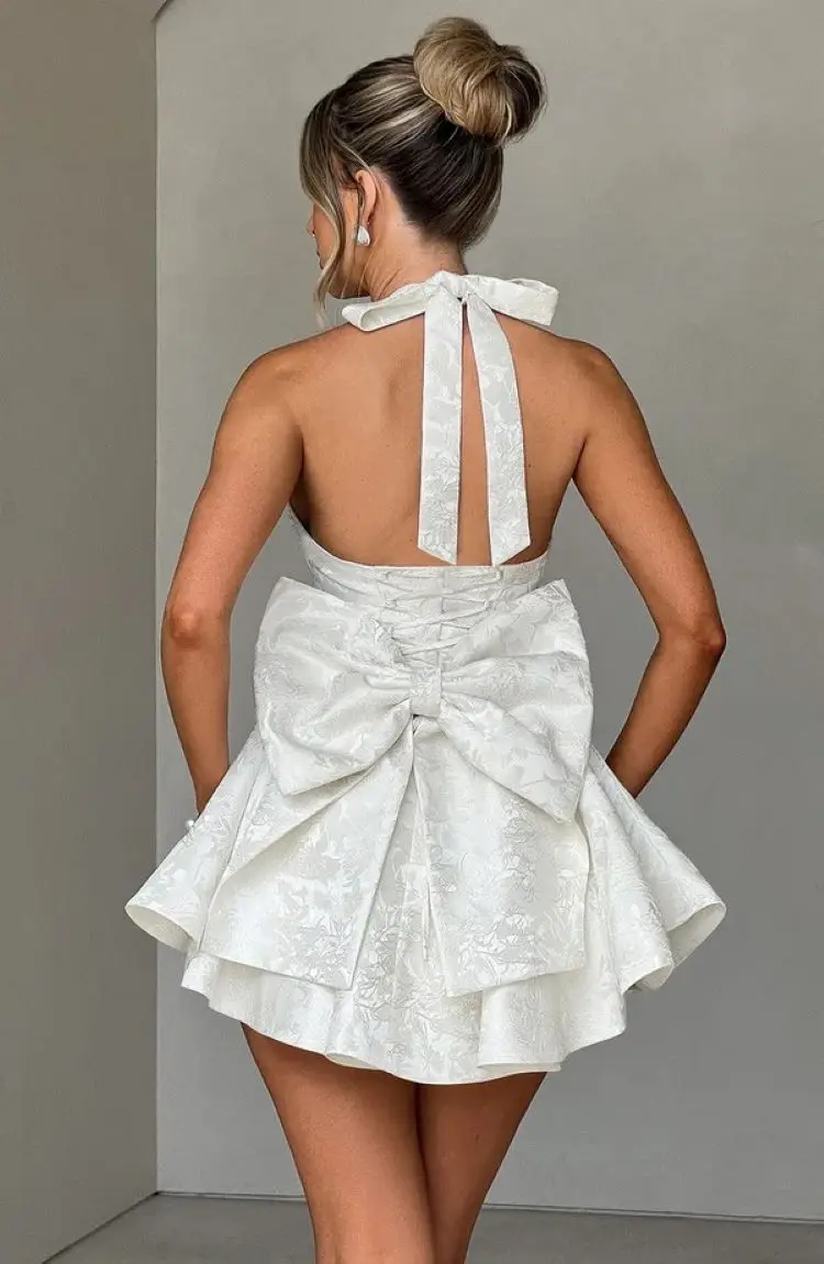 Halter Jacquard Backless Bow Short Summer Dress Woman Sexy A-line Pink Mini  Dresses Y2K Evening Party New Birthday White Blue - AliExpress