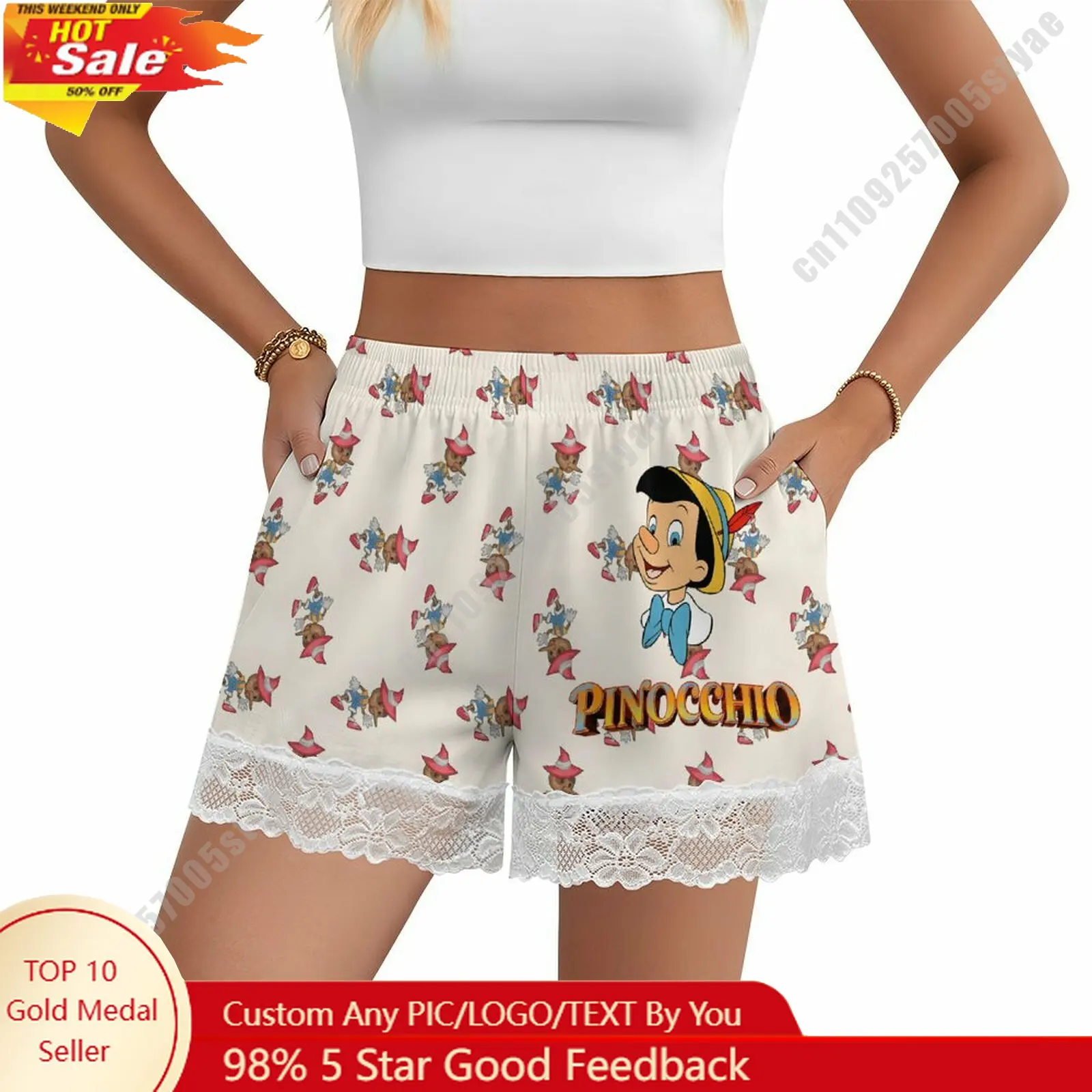 

Pinocchio Short Pajama Pants Disney Cartoon Women Summer Lace Trim Thin Panties Custom Loose Home Casual Shorts