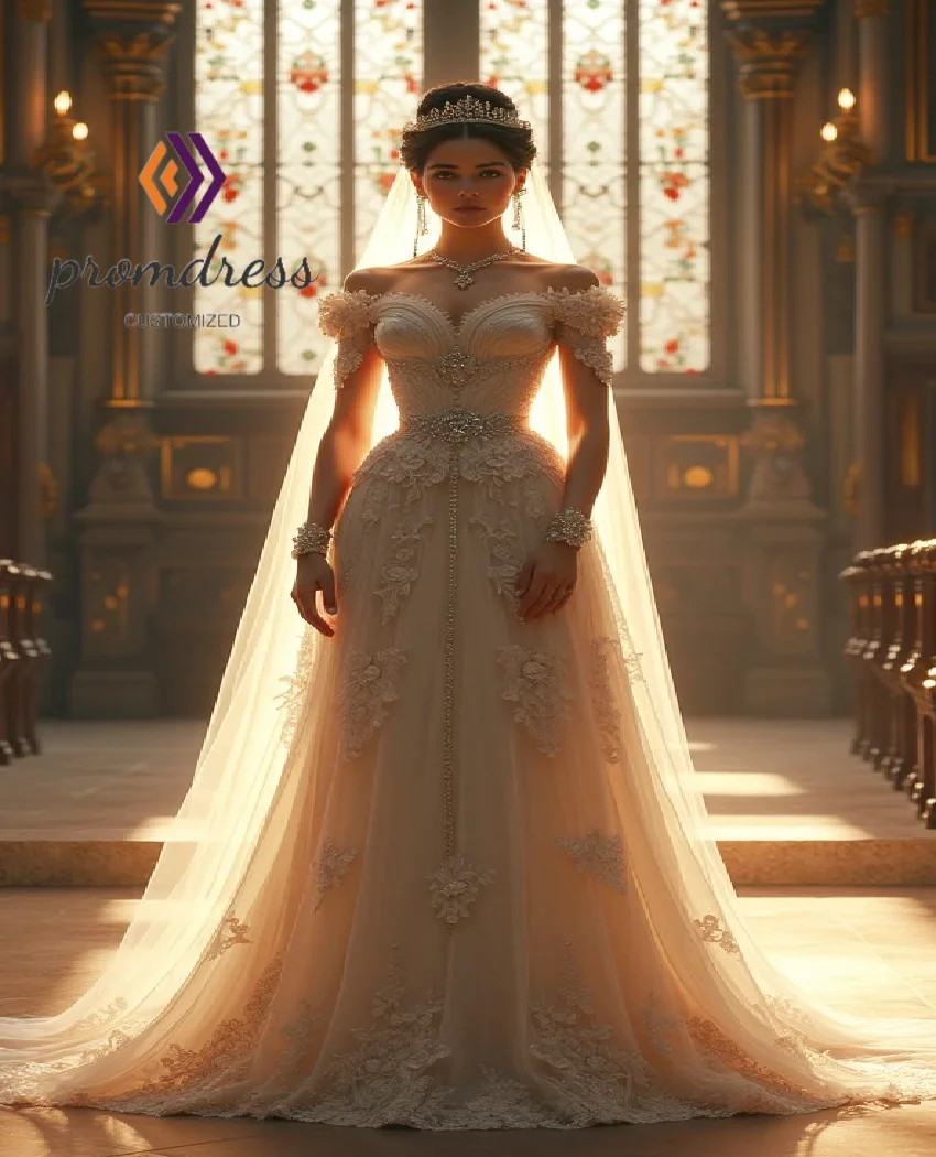 

Luxury Victorian Wedding Dress 2025 Off Shoulders Medieval Light Champagne Bridal Gown Bohemian Crystal Beaded Bride Customized