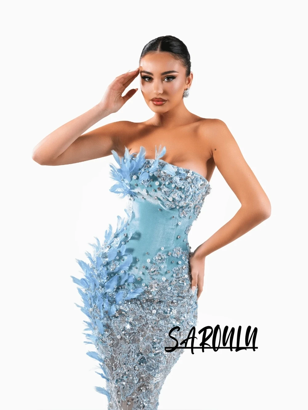 

Blue Feathers Straight Exquisite Evening Dress Glitter Sequins Pearls Customized Prom Gown Intricate Crystals Strapless Wear