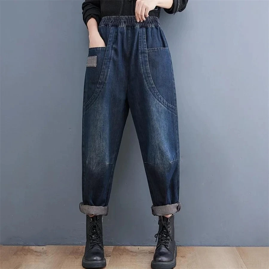 Jean sarouel vintage pour femme, pantalon de survêtement décontracté, jogging, streetwear, taille haute, baggy, grande taille, 90kg, printemps