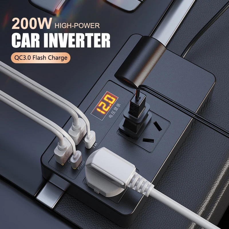 200W Car Inverter 12V24V To AC 220V Power Adapter Converter QC3.0 USB/PD/Type-C Charger Sockets Fast Charging Vehicles Inverter