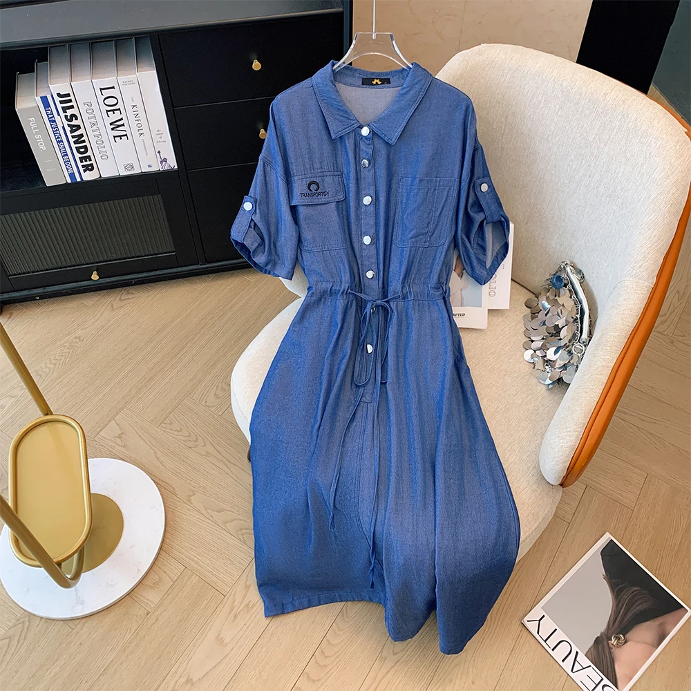 Plus Size Dress for Women Clothing Summer new casual solid color commuter loose lace-up lapel pocket short sleeved denim dresses