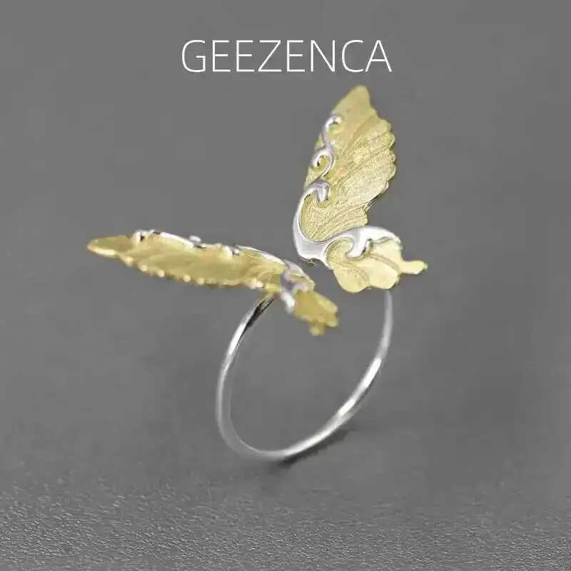 GEEZENCA S925 Silver Two Tone Plated Butterfly Rings For Women Designer Chic Exaggerated Large Wider Ring Party Gift