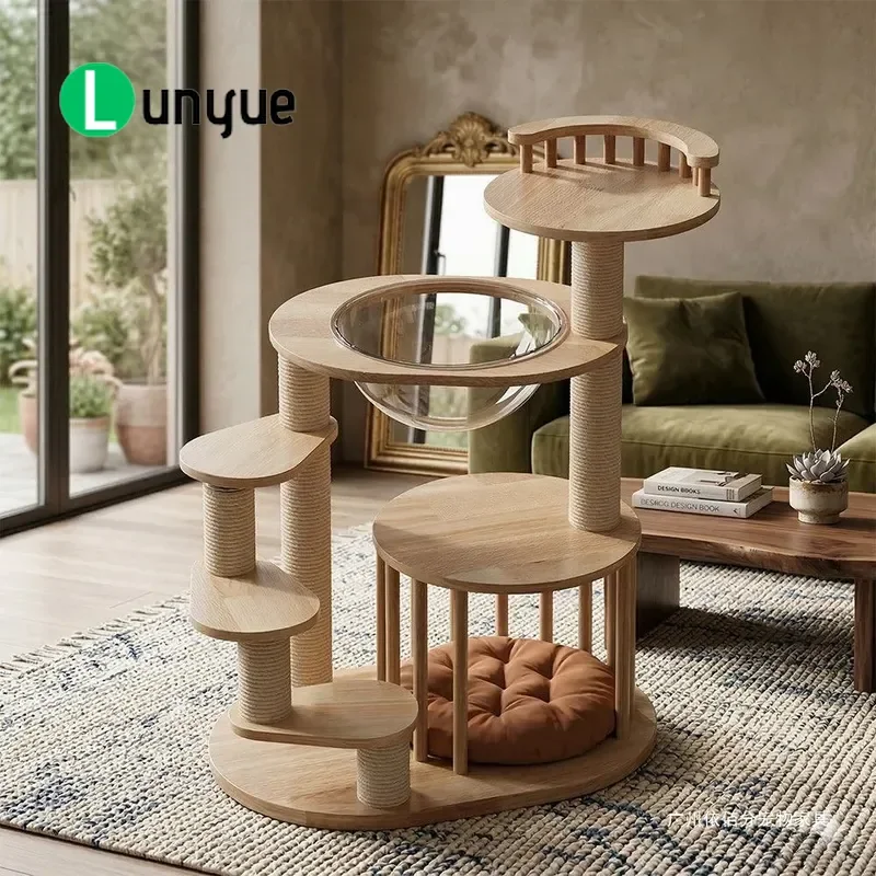 Solid Wood Cat Tree Climbing Frame with Litter Box Multi Layer Kitten Shelf Villa Space Capsule Toy Furniture for Small Cats