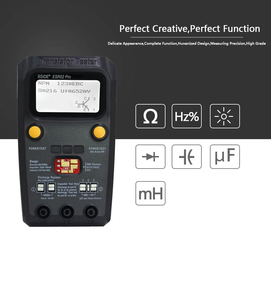 BSIDE Multi-purpose Transistor Tester Diode Triode Capacitance Resistor Meter MOS/PNP/NPN SMD test Multimeter ESR02pro