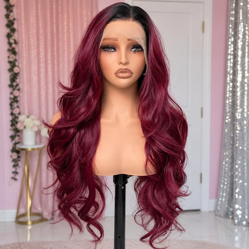13x4 Burgundy Red Lace Front Wig for Women Long Wavy Synthetic Hair Dark Roots Heat Resistant Fiber Layered Natural Look