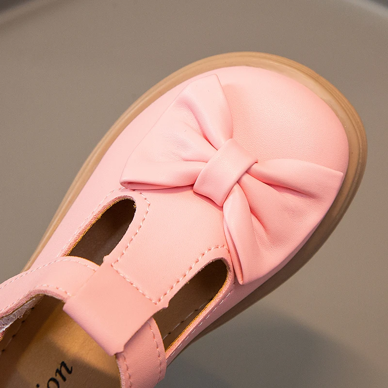 2024 Children's Fashion Solid Color Girls Leather Shoes Spring and Summer Bow PU Round Head Versatile Anti Slip Kids Loafers New