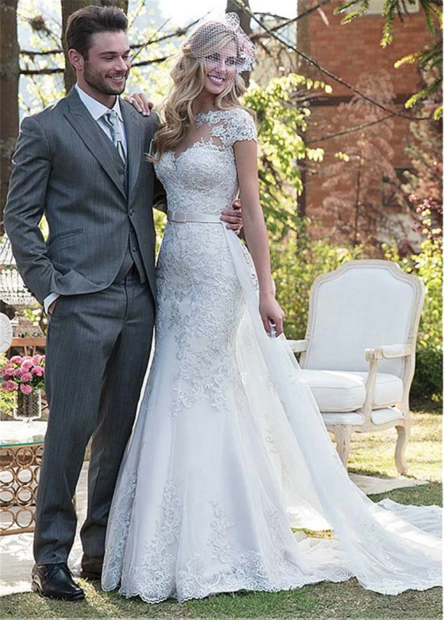 Elegant Tulle 2 In 1 Mermaid Wedding Dress With Lace Appliques Beadings Detachable Skirt For Bride Wedding Gowns