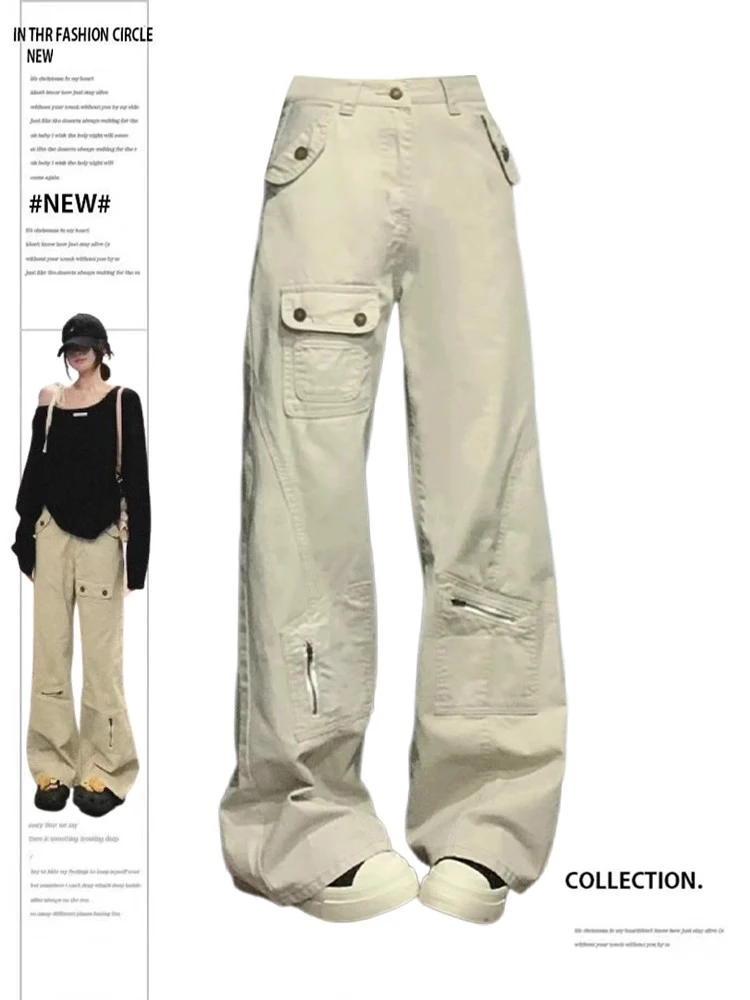 

American Retro Light Beige Workwear Flared Pants Women's New Style Spring Multiple Pockets Loose Fit Casual Jeans