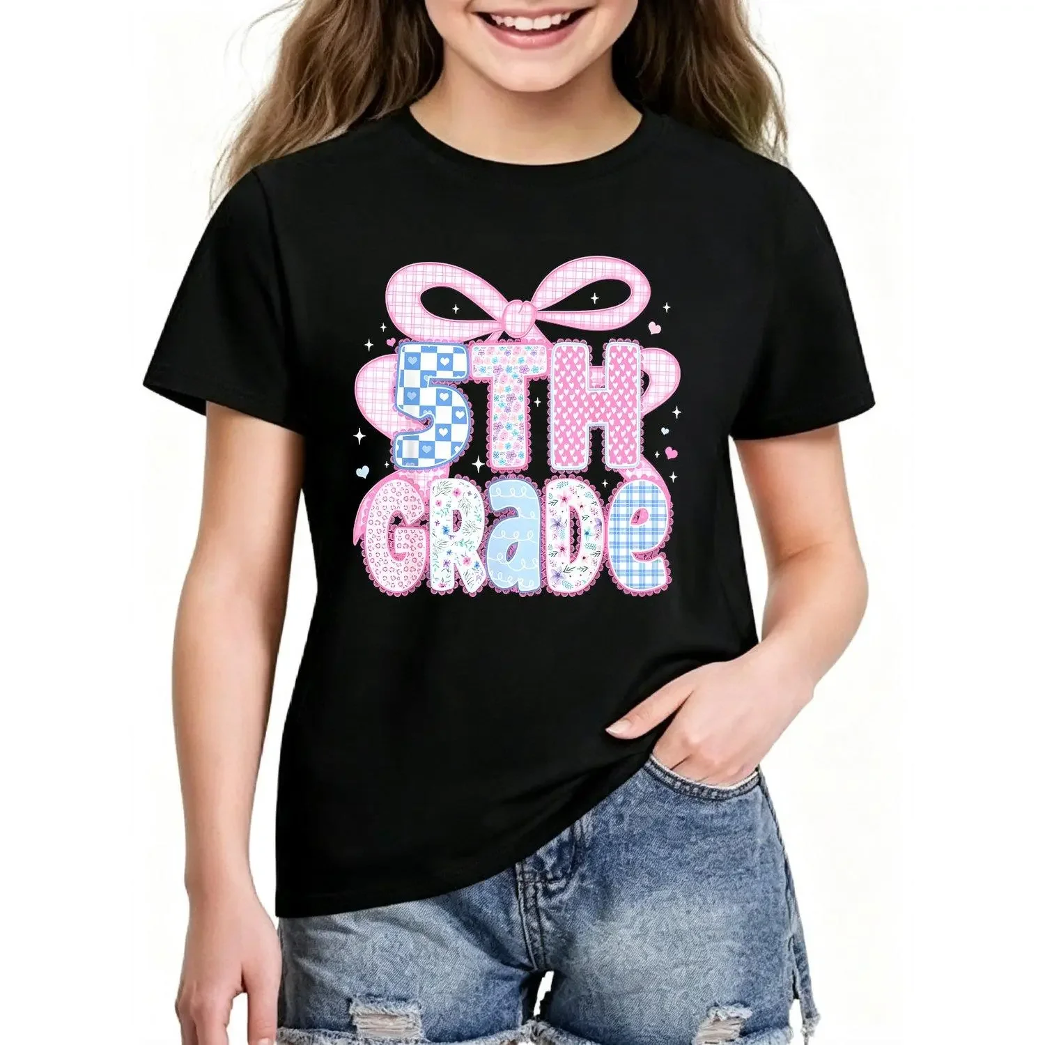 Girls T Shirts and Top Preppy Fifth Grade Teacher 5th Grade Floral Pattern Casual Stylish Youthful Girls Apparel