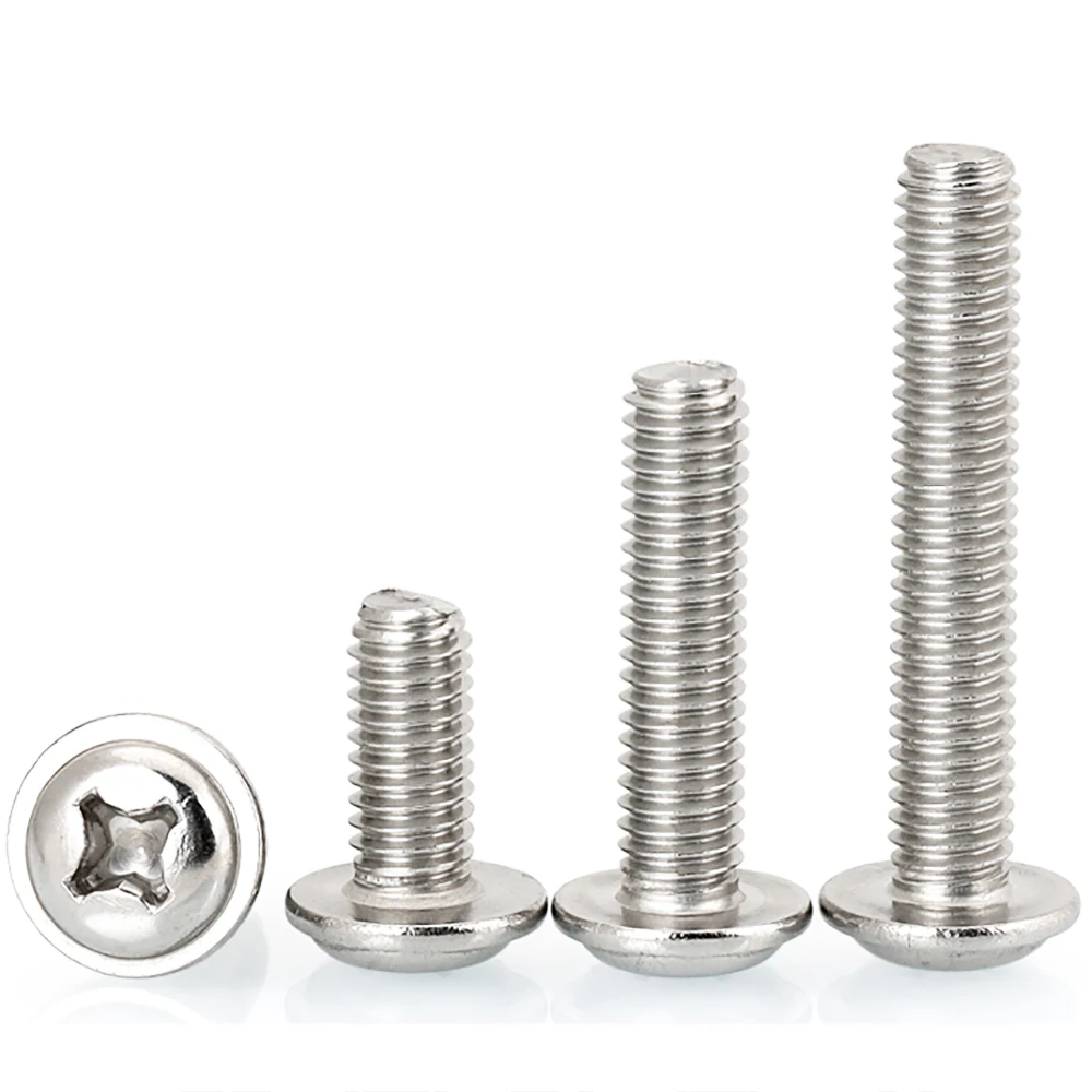 10pcs PWM Phillips Cross Pan Round Truss Head With Washer Collar Screw Bolt A2-70 304 Stainless Steel M2 M2.5 M3 M4 M5 M6 DIN967