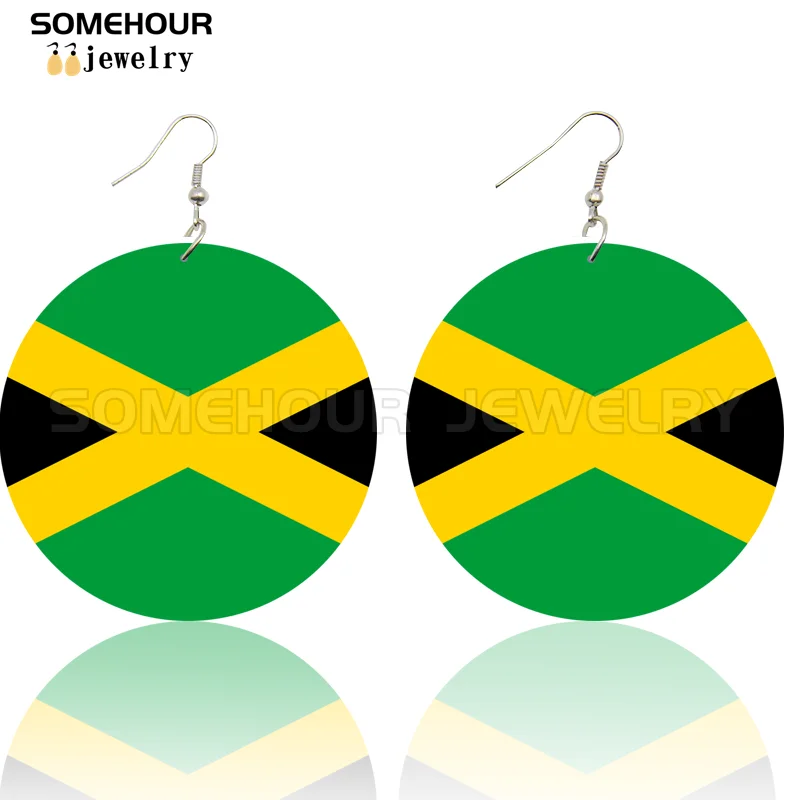 SOMEHOUR Jamaica Country Flag Print African Map Wooden Drop Earrings Trendy Loops Pendant Dangle Jewelry For Black Woman Gifts