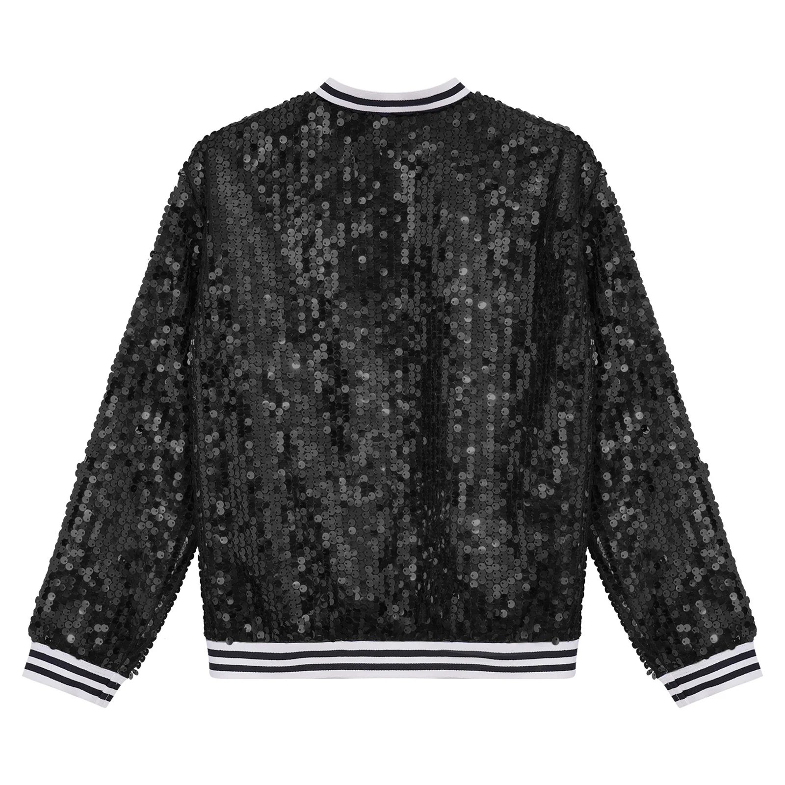 Kids Girls Sequin Dance Coat Baseball Jackets Sparkly Long Sleeve Front Zip Up Striped Trim Outerwear Party Bomber Jackets