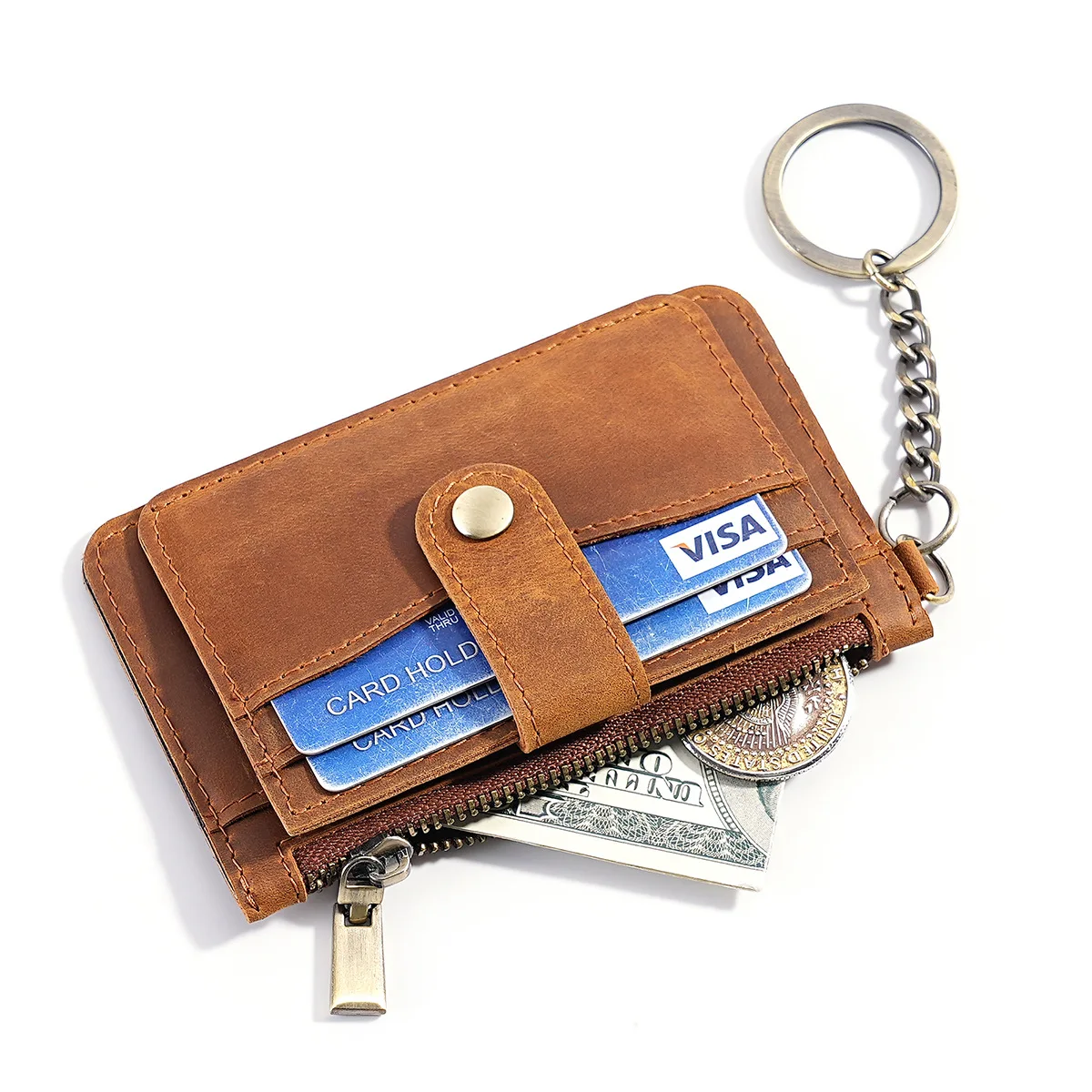 

Мужской кошелек для монет из натуральной кожи, с карманом на молнии, кольцом для ключей и отделениями для карт, органайзер для мелочи